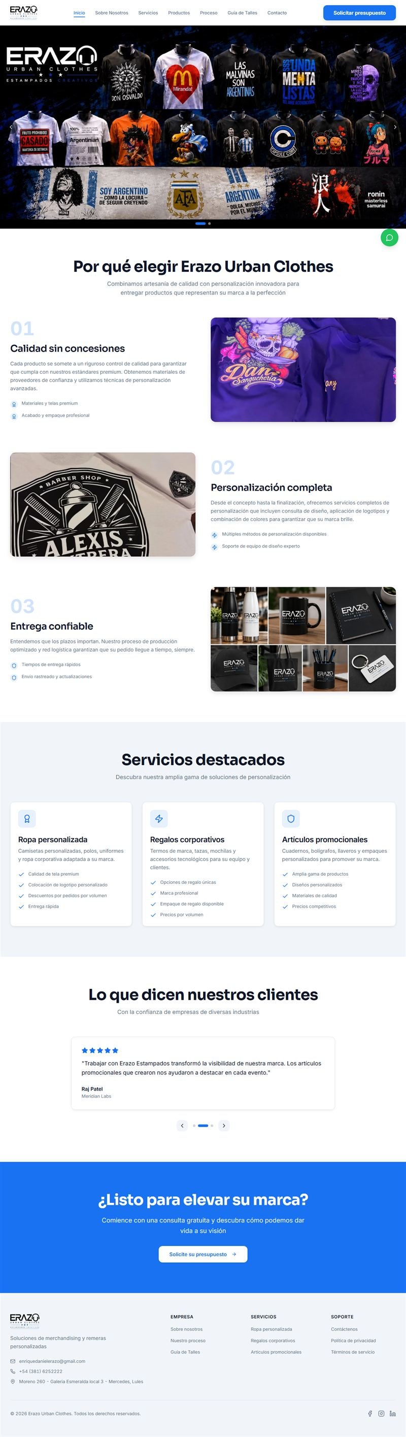 Landing page de Erazo Urban Clothes: catálogo de estampados, servicios y formulario de presupuesto