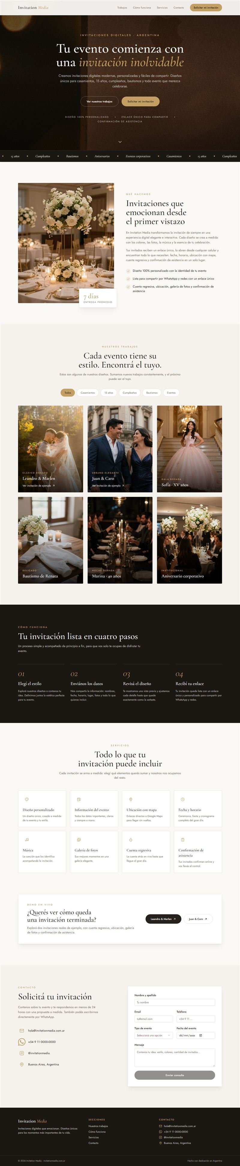 Landing page de Invitation Media: invitaciones digitales para casamientos y eventos, trabajos de ejemplo y formulario de pedido